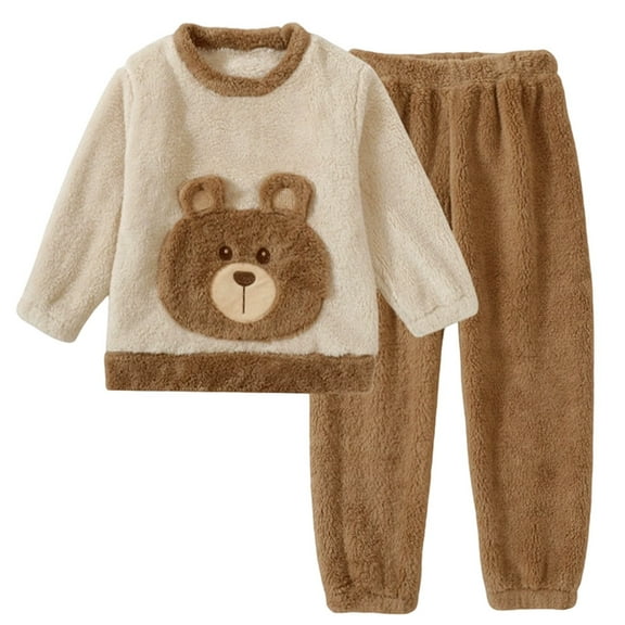 WOYY Toddler Boys Flannel Warm Outfits Bear Long Sleeve Top Pants Sleepwear, Sizes 3-4T