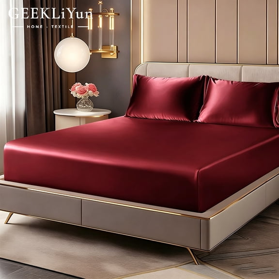 GEEKLiYun Satin Fitted Sheet & Pillowcase Set (Queen/King), Burgundy/Black, 3-Piece Set – Luxurious Feel, Home Decor Accent