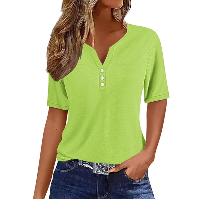 Yuyuzo Womens Summer Tops Notch V Neck Button Tunic Tops Short Sleeve Loose Summer Basic Tee Shirts