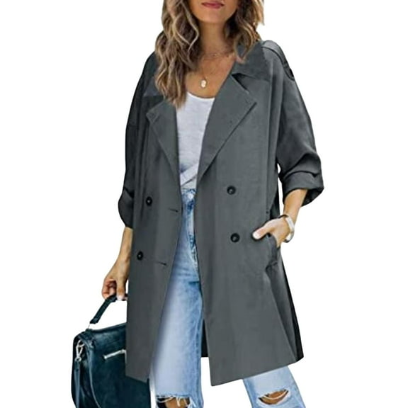 Fall Spring Women Windbreaker Turn-down Collar Notch Collar Double-breasted Loose Overcoat Mid Length Solid Color OL Commuting Coat Hiking Coat