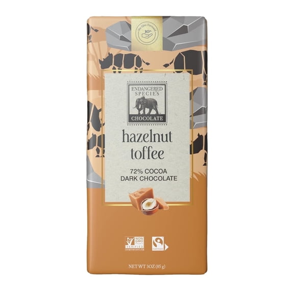 Endangered Species Chocolate Hazelnut Toffee Dark Chocolate 72 Cocoa 3 oz