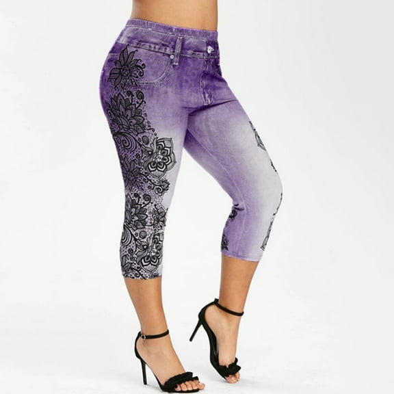 up to 60% off Gifts Usmixi Womens Capris Vintage Floral Plus Size Stretch Lightweight Cropped Pants Workout Sports Elastic Waist 3/4 Trousers with Pocket Purple XXXXXL