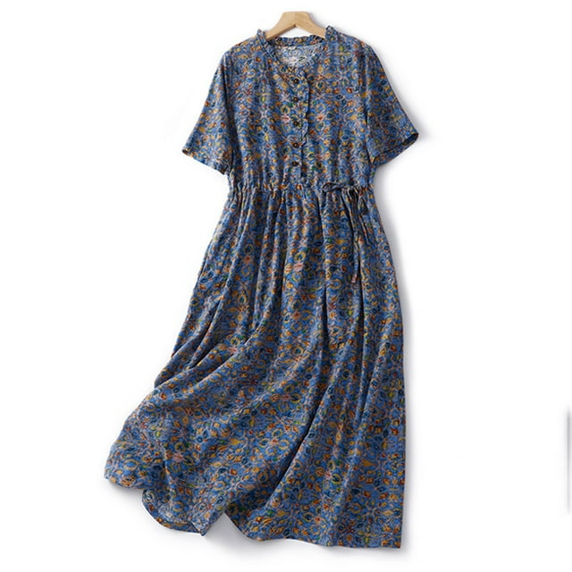 Robes Grande Taille pour Femmes Été Coton et Lin Imprimé Ample Grande Taille Manches Courtes Col Rond Robe en Liquidation