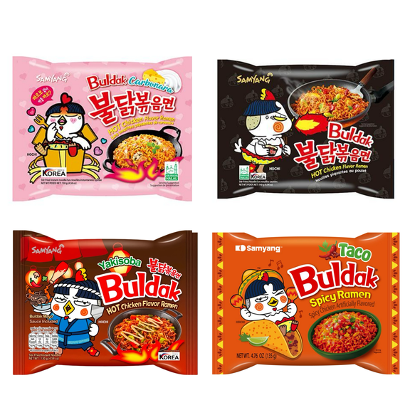 MUNCHII TIME Korean Buldak Spicy Hot Ramen Noodles Variety Pack – 4 Different Flavors – Buldak Noodle Collection (4 Spicy Packs)