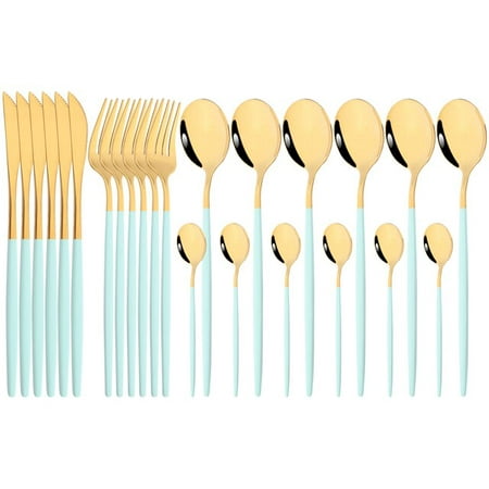 

dosili 24Pcs Cutlery Stainless Steel Tableware Mirror White Gold Dinnerware Set Western Knife Fork Spoon Flatware Kitchen Silverware