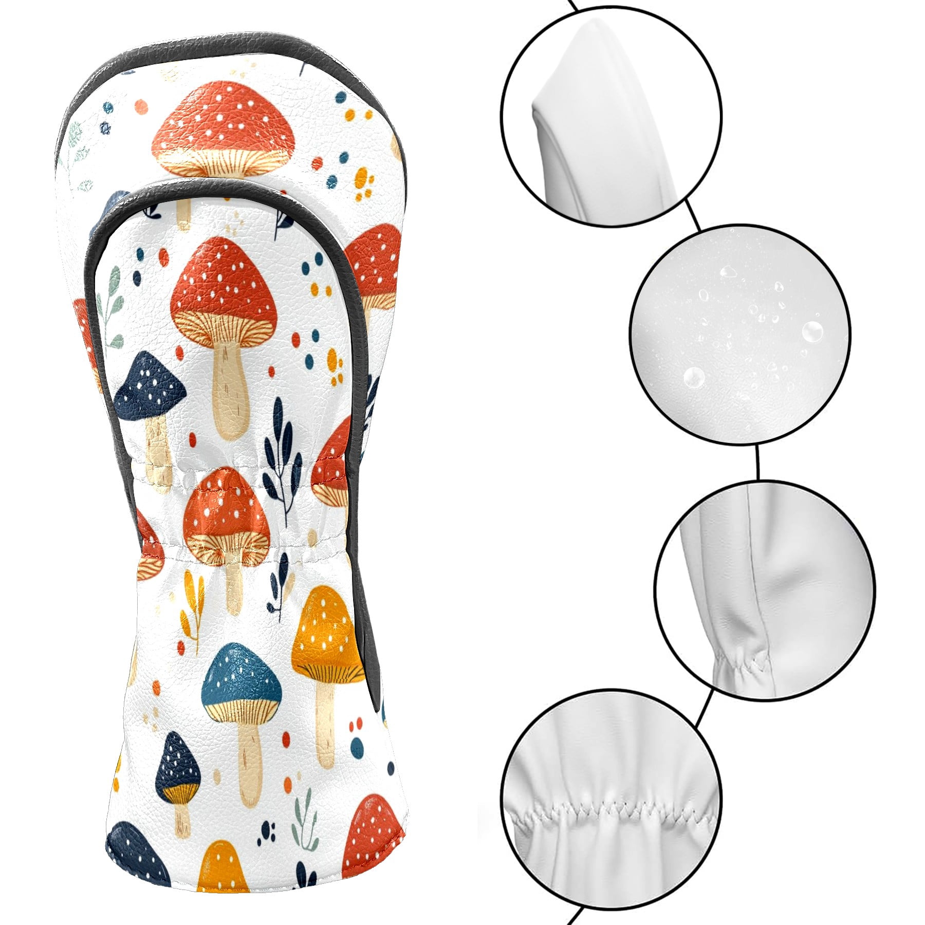Golf Club Covers PU Leather Waterproof Head Covers for Fairway Woods Hybrids Colorful Mushrooms Unisex Fits Most Brands