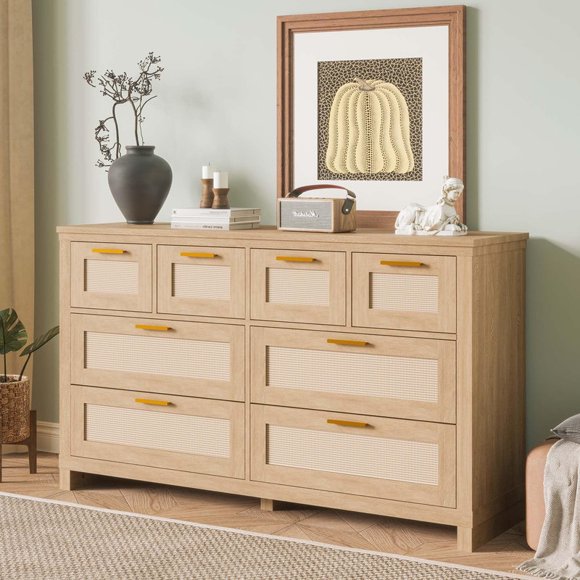 8 Drawer Rattan Dresser, Bohemian Wood Chest of Drawers with Woven Fronts, Storage Cabinet Organizer for Bedroom, Living Room, Closet - Natural