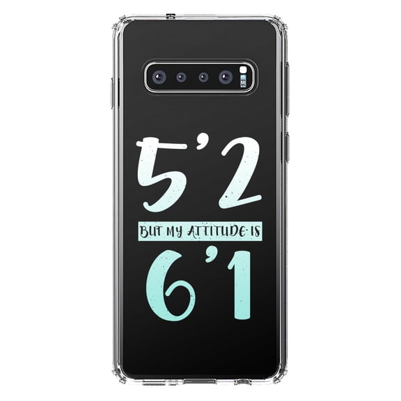 DistinctInk Clear Shockproof Hybrid Case for Samsung Galaxy S10 (6.1" Screen) - TPU Bumper Acrylic Back Tempered Glass Screen Protector - 5'2 But My Attitude is 6'1