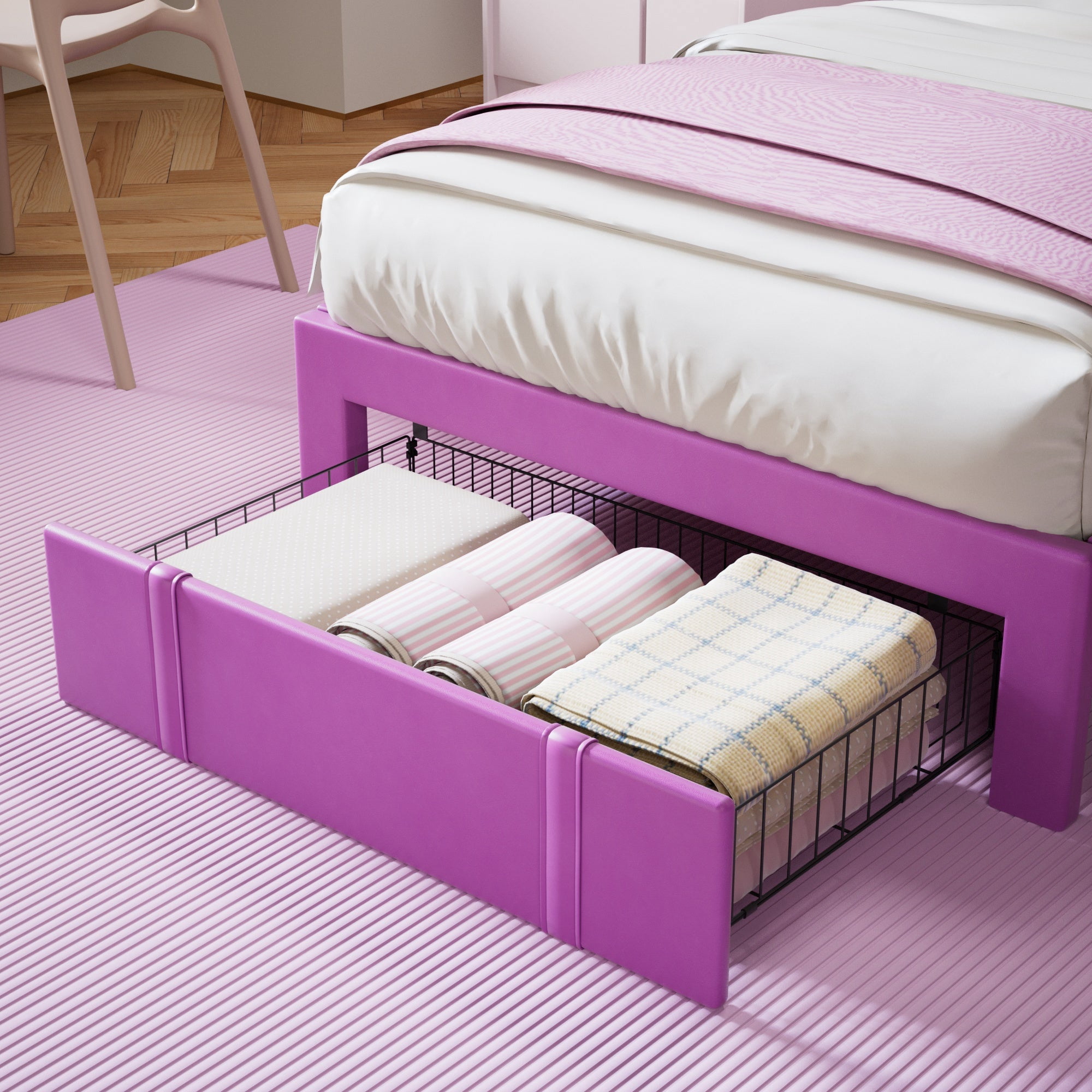 VECELO Upholstered Bed with Storage-1 Drawer, Purple Bed Frame Twin Platform Bed with Faux Leather Tufted Headboard