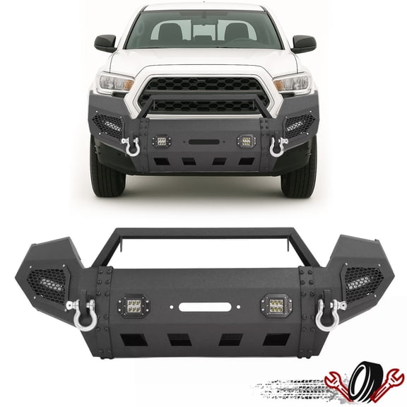 Black Steel Front Bumper W/Winch Plate & LED Lights For Toyota Tacoma 2016-2023