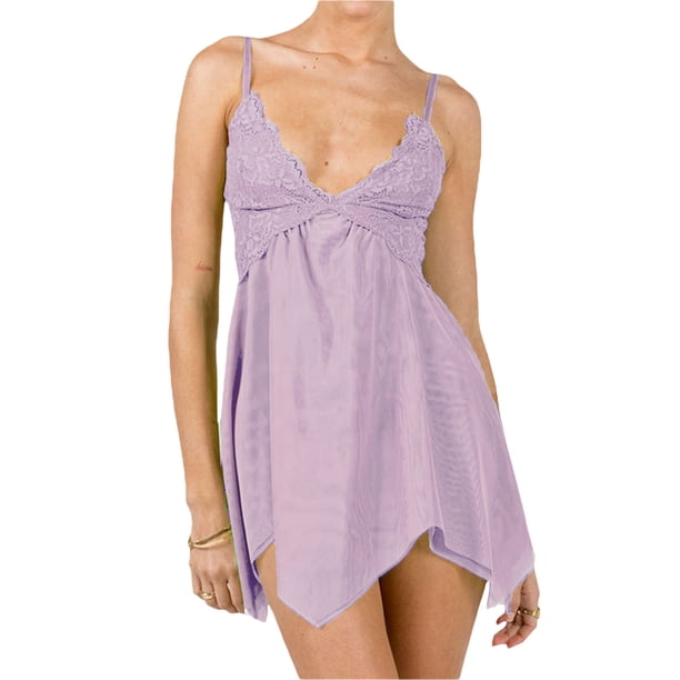 Lucakuins Camisón de encaje para mujer, lencería de malla transparente con cuello en V, sin mangas, ropa de dormir con tirantes, dobladillo Irregular, ropa interior sin espalda Lucakuins moda