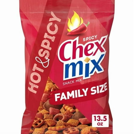 Chex Mix Hot and Spicy Savory Snack Mix, Family Size Snack Bag, 13.5 oz - 3 Pack