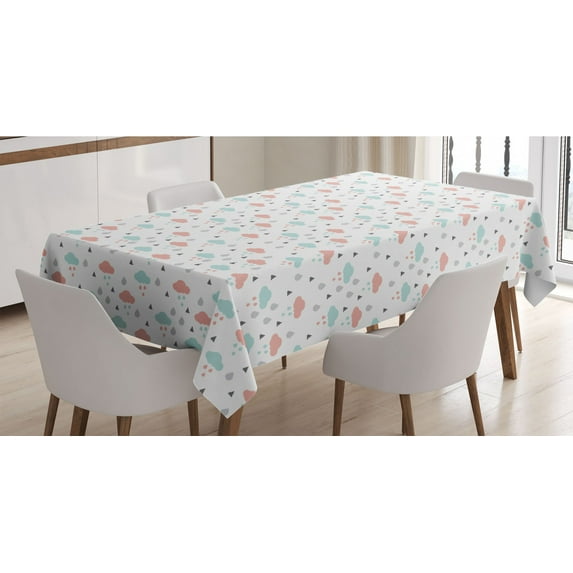 Pastel Tablecloth, Scandinavian Design Clouds with Raindrops and Triangles Weather in Winter, Rectangle Satin Table Cover for Dining Room and Kitchen, 60" X 84", Pale Blue Blush Grey, by Ambesonne
