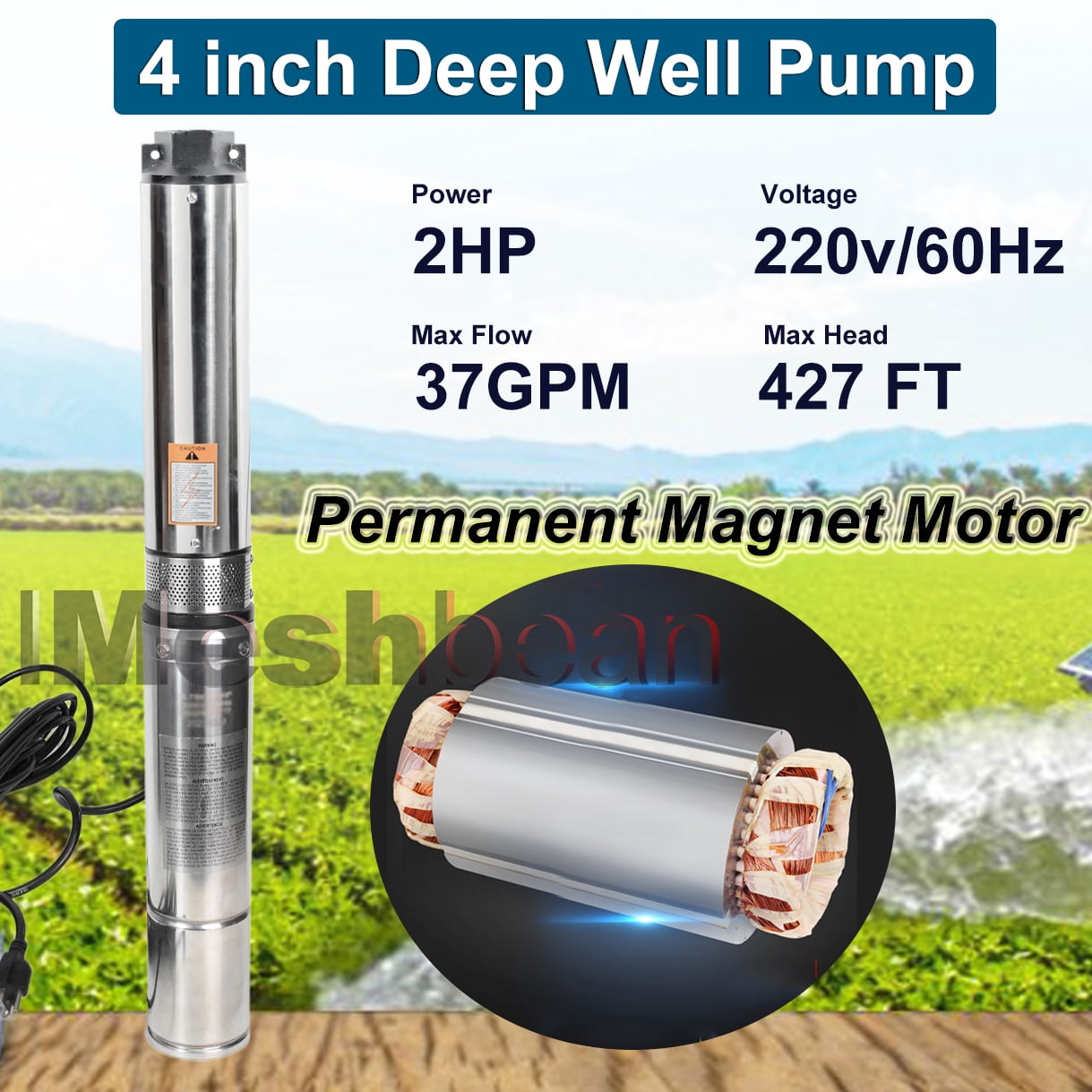 iMeshbean Submersible Well Pump, 2HP 4" Deep Well Pump 220V-60Hz/ 37 GPM/ 427FT Max Lift/ 100FT Cord 12 Stage