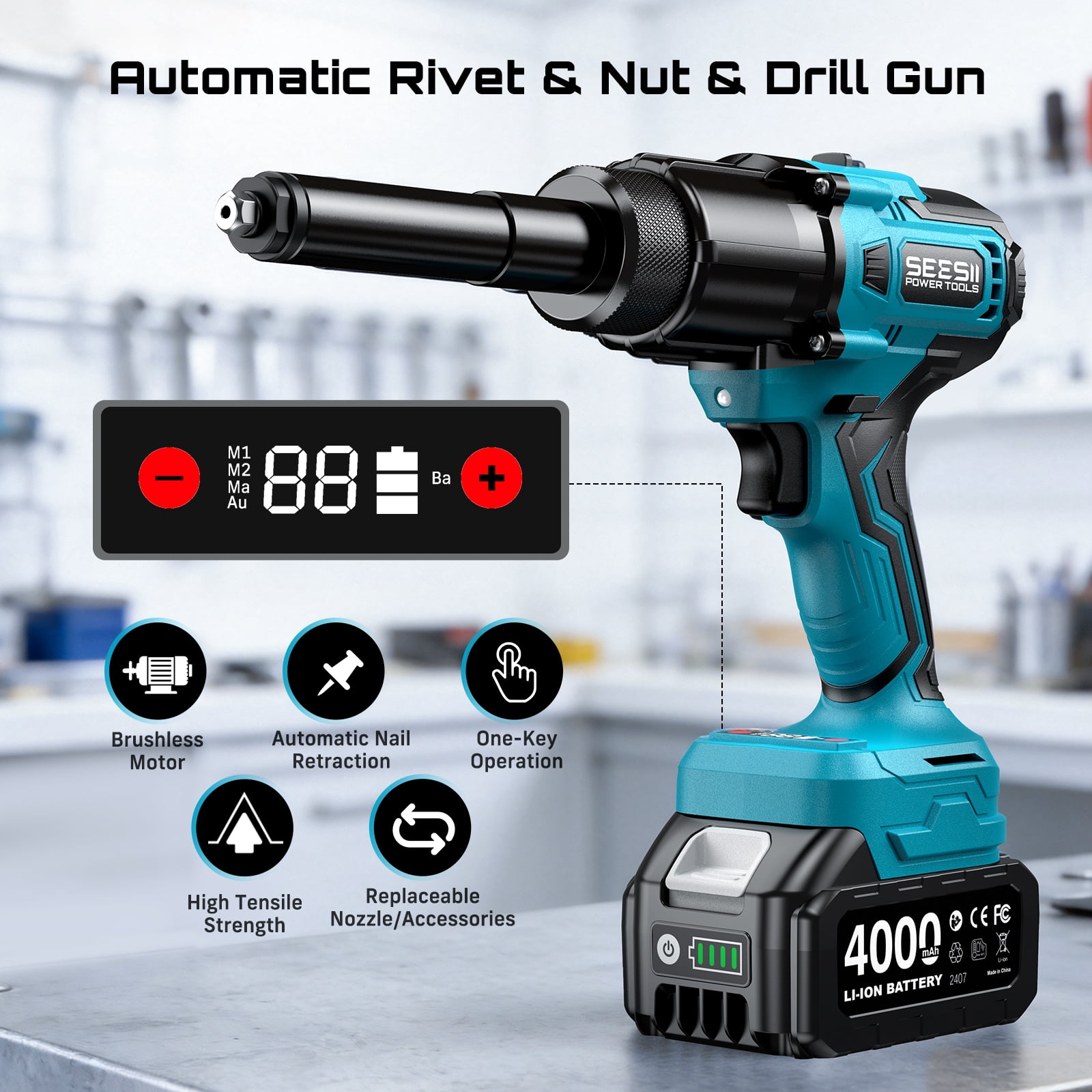 Seesii 3-in-1 Cordless Electric Rivet/Drill /Nut Gun Tool for Nutsert, Rivets ,4000mah Battery Powered Pop Rivet/Nut Gun, Auto/Manual Rivet