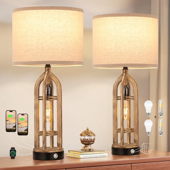 Juego de 2 Lámparas de Mesa Seealle de Madera Estilo Campestre con Puerto USB