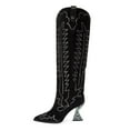 thumbnail image 4 of YDN Women Western Crystal Studs High Heel Cowboy Boots Pull On Pointy Close Toe Knee High Boots Holiday Trip Shoes Size 6 Black, 4 of 4