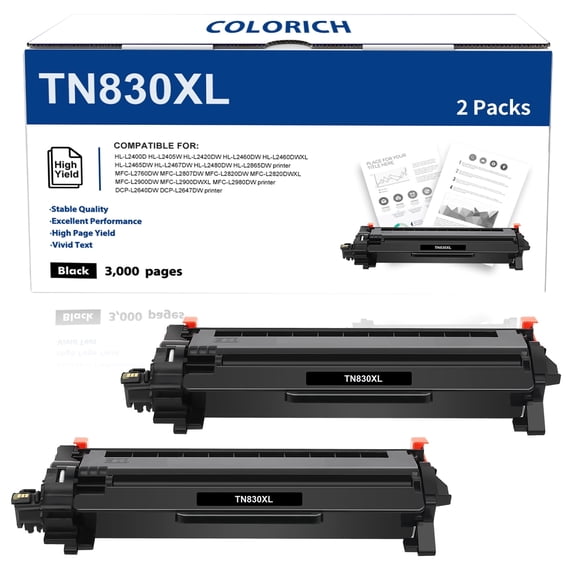 TN830XL Toner Cartridges TN830 High Yield Compatible for Brother TN830XL TN830 TN-830 DCP-L2640DW HL-L2460DW HL-L2405W MFC-L2820DW HL-L2400D L2405W L2480DW MFC-L2820DWXL Printer Ink (Black, 2-Pack)
