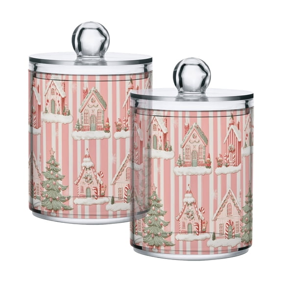 Yayeee 2 Pack Qtip Holder Bathroom Cotton Swab Canister with Lid Clear Dispenser Set, Light Green Christmas Houses