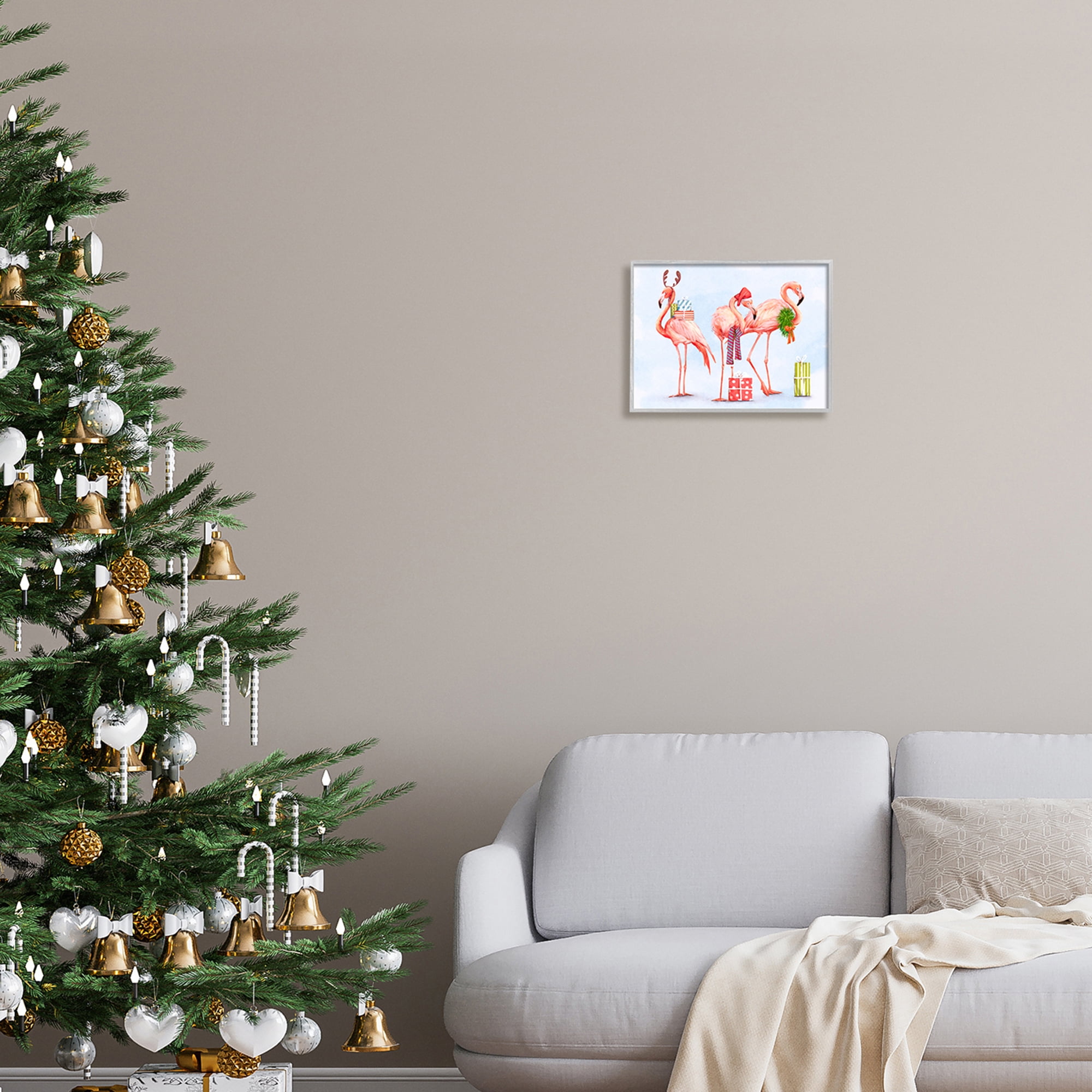 Gift Giving Pink Flamingos Charming Holiday Birds Coastal Painting Framed Art Print Wall Art