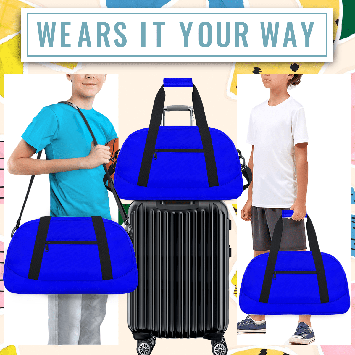 Herdesigns Blue Sports Duffle Bag for Women & Men, Gym Bag Dance Bag Overnight Bag Carry On Weekender Travel Bag