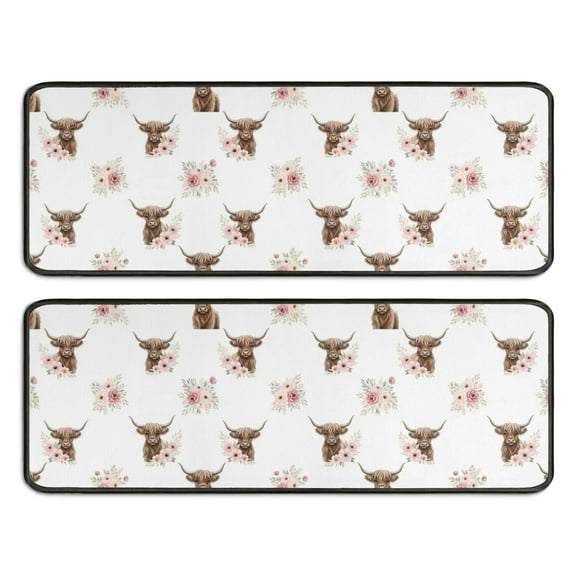 Kitchen Rugs Sets Of 2,White Highland Cow Flower Pattern Anti Fatigue Kitchen Mat Rugs Non Slip Washable,Decorative Kitchen Floor Mats for Kitchen,Sink,Laundry,17"x47" 17"x47"