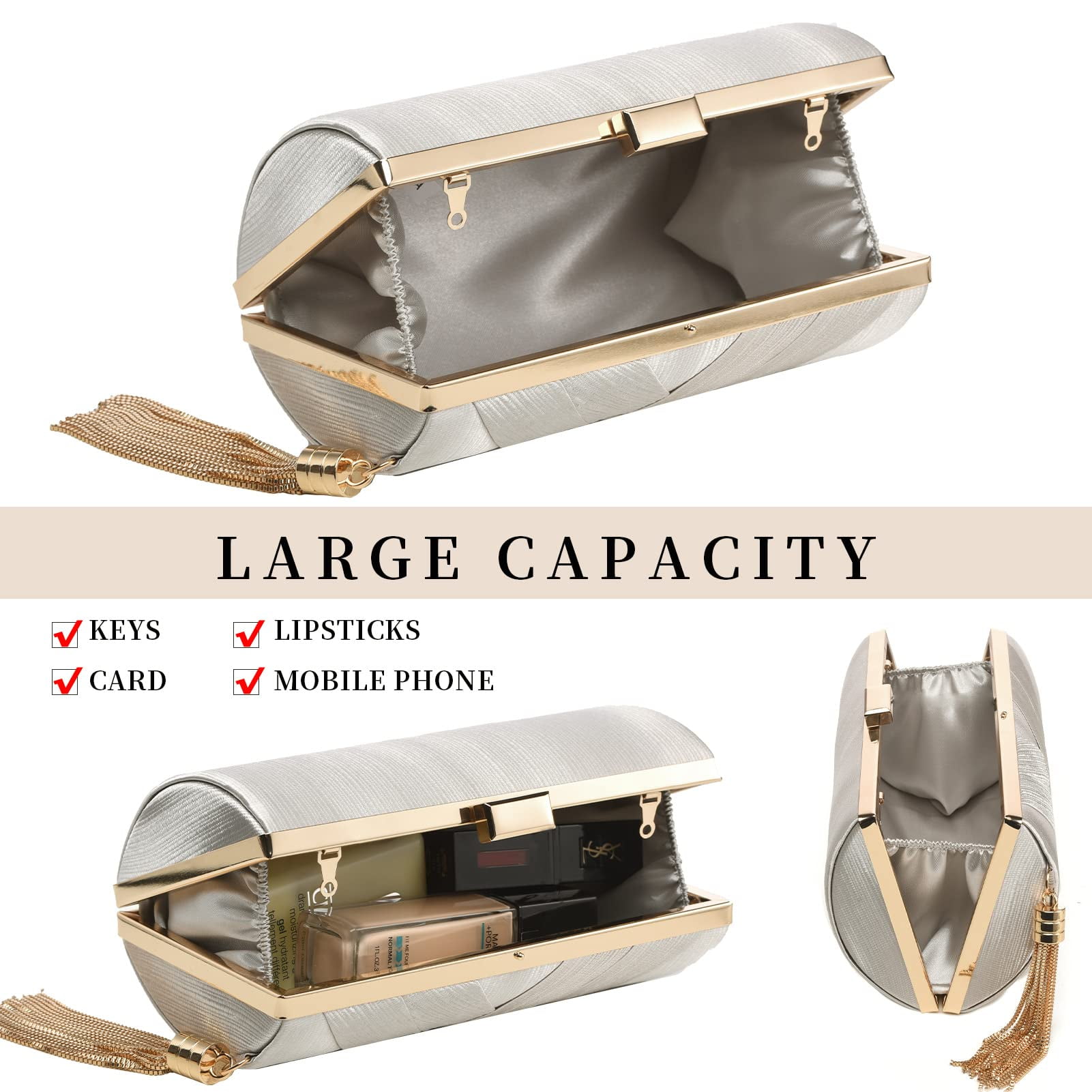 AOUNQ Clutch Purse for Women Evening Bags Formal Party Wedding Clutches Crossbody Shoulder Bag with Tassel