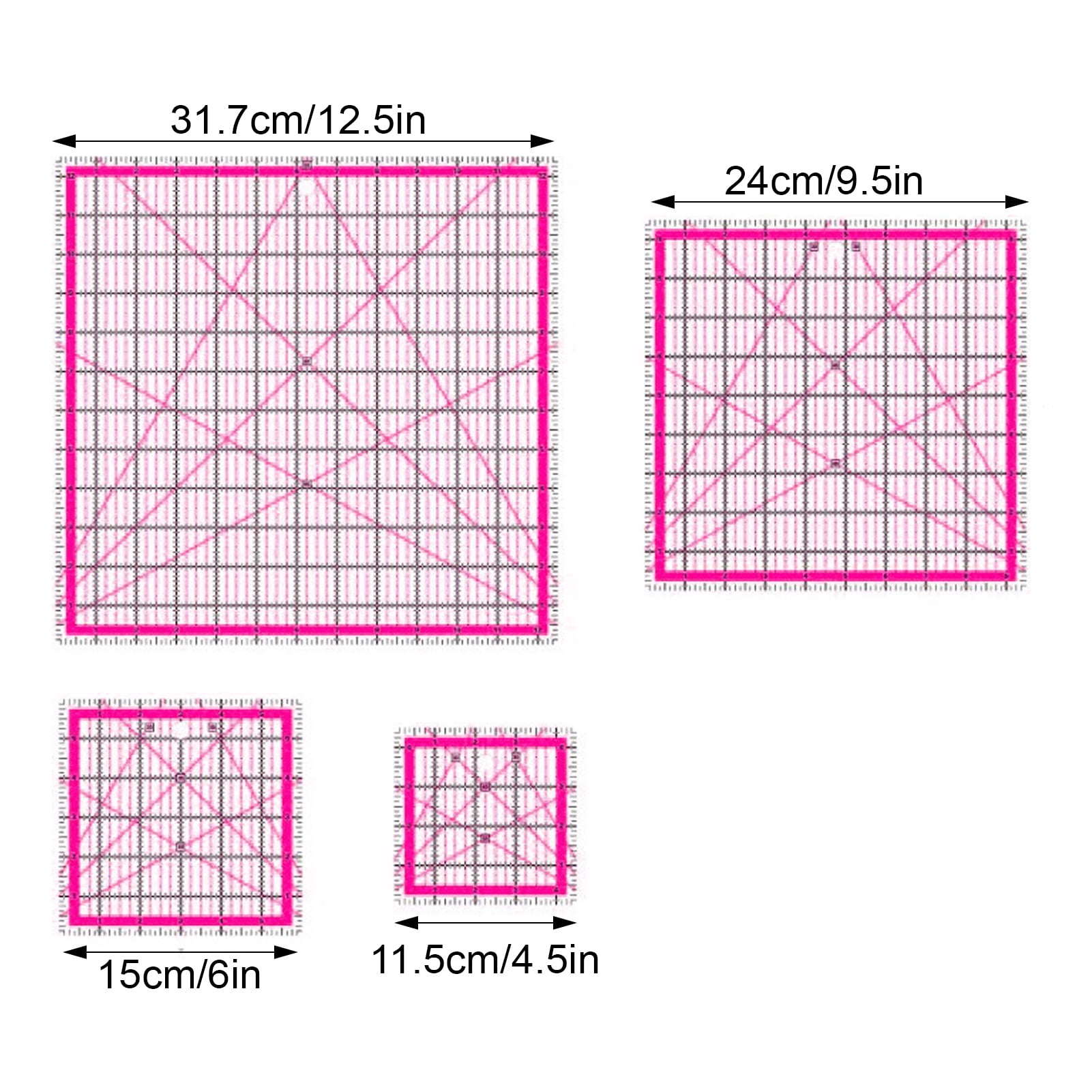 OIUR 4Pcs Acrylic Quilting Ruler 4.5/6/9.5/12.5-Inch Square Fabric Cutting Patchwork Ruler with Clear Mark DIY Sewing Craft Projects Template