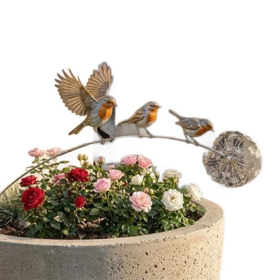 XIA0LE Metal Bird Dandelion Garden Stake Ornament, 3 Robin Birds On Wire Sculpture Yard Art, Weatherproof Outdoor Lawn Patio Flower Pot Decor Statue