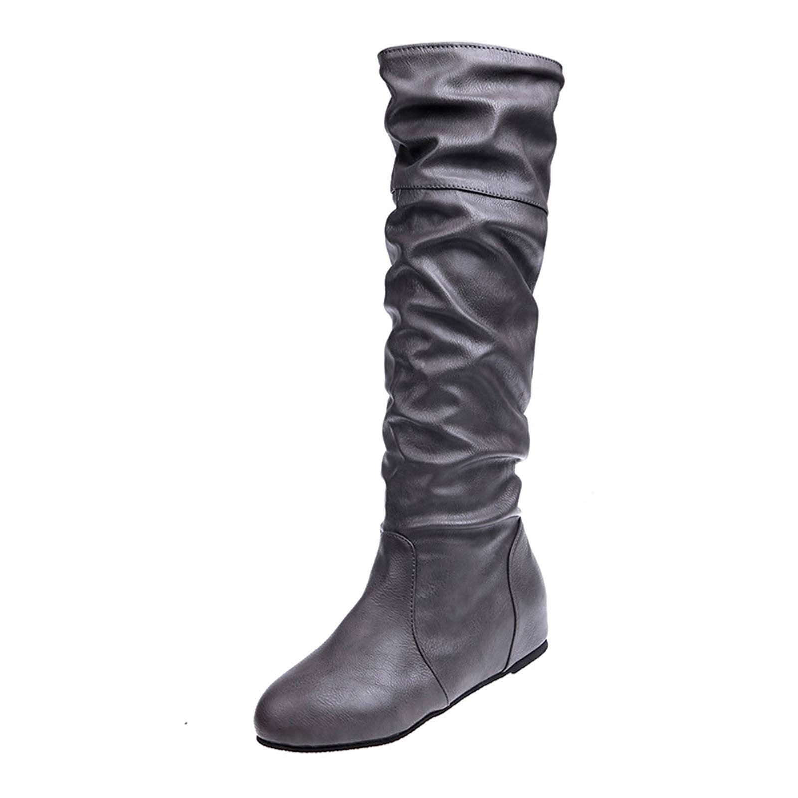 Cameland Women s Winter Solid Color Long Boots Flat Heels Round Toe Knee High Boot Gray 37