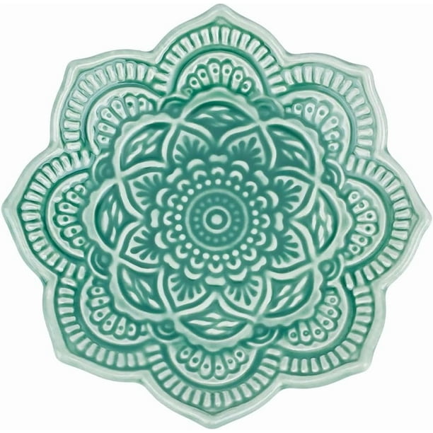 Bandeja de cerámica para anillos con diseño de mandala verde y flor de loto