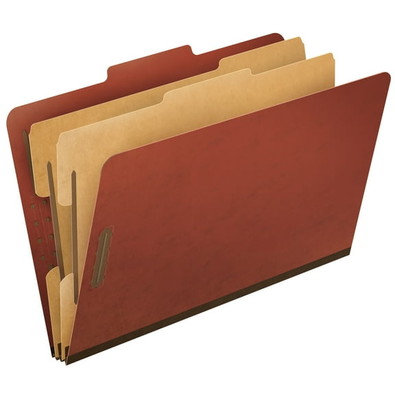Pendaflex® Pressboard Classification Folder, 2 Dividers, 6 Partitions, 2/5 Cut, 70% Recycled, Legal Size, Red, Box Of 10