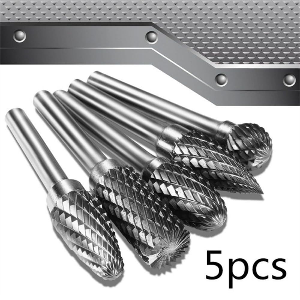 5pcs Double Groove Rotary File, Carbide Rotary Files Set, 0.2 x 0.4 Inch Grinding Head Tungsten Carbide Burr Milling Cutter Drill Bit Set For Welding, Chamfering Finishing Metal Mould