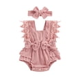 thumbnail image 2 of Aojekbee Infant Baby Girl Summer Jumpsuit Lace Sleeves Neck Bow Romper with Headband, 2 of 10