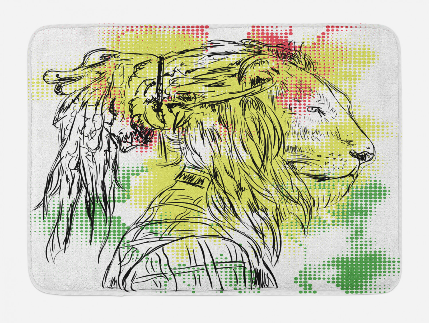 Rasta Bath Mat, Black and White Sketchy Head of Lion on Digital Pixels Backdrop Image, Non-Slip Plush Mat Bathroom Kitchen Laundry Room Decor, 29.5 X 17.5 Inches, Green Burgundy and Yellow, Ambesonne - image 1 of 2