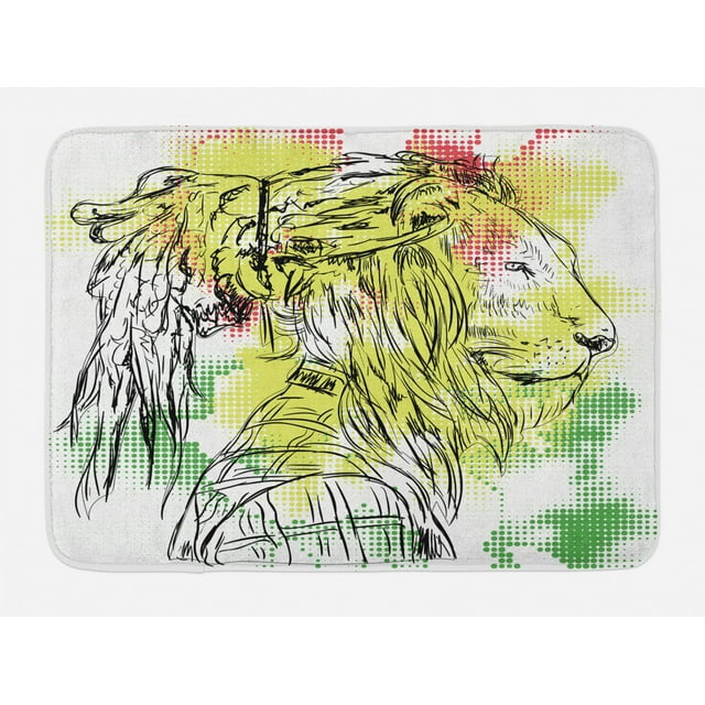 Rasta Bath Mat, Black and White Sketchy Head of Lion on Digital Pixels Backdrop Image, Non-Slip Plush Mat Bathroom Kitchen Laundry Room Decor, 29.5 X 17.5 Inches, Green Burgundy and Yellow, Ambesonne
