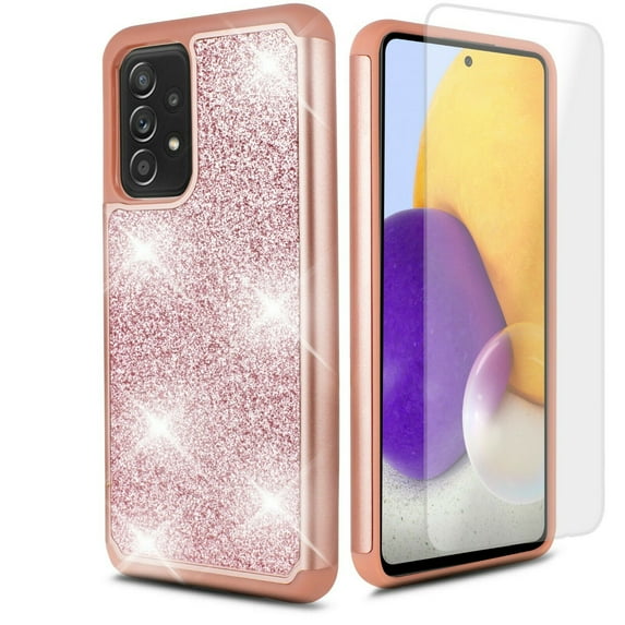 for Samsung Galaxy A72 5G Phone Case Glitter with Tempered Glass Shock proof Edge Scratch Shield Hybrid Layers Slim Bumper Cover
