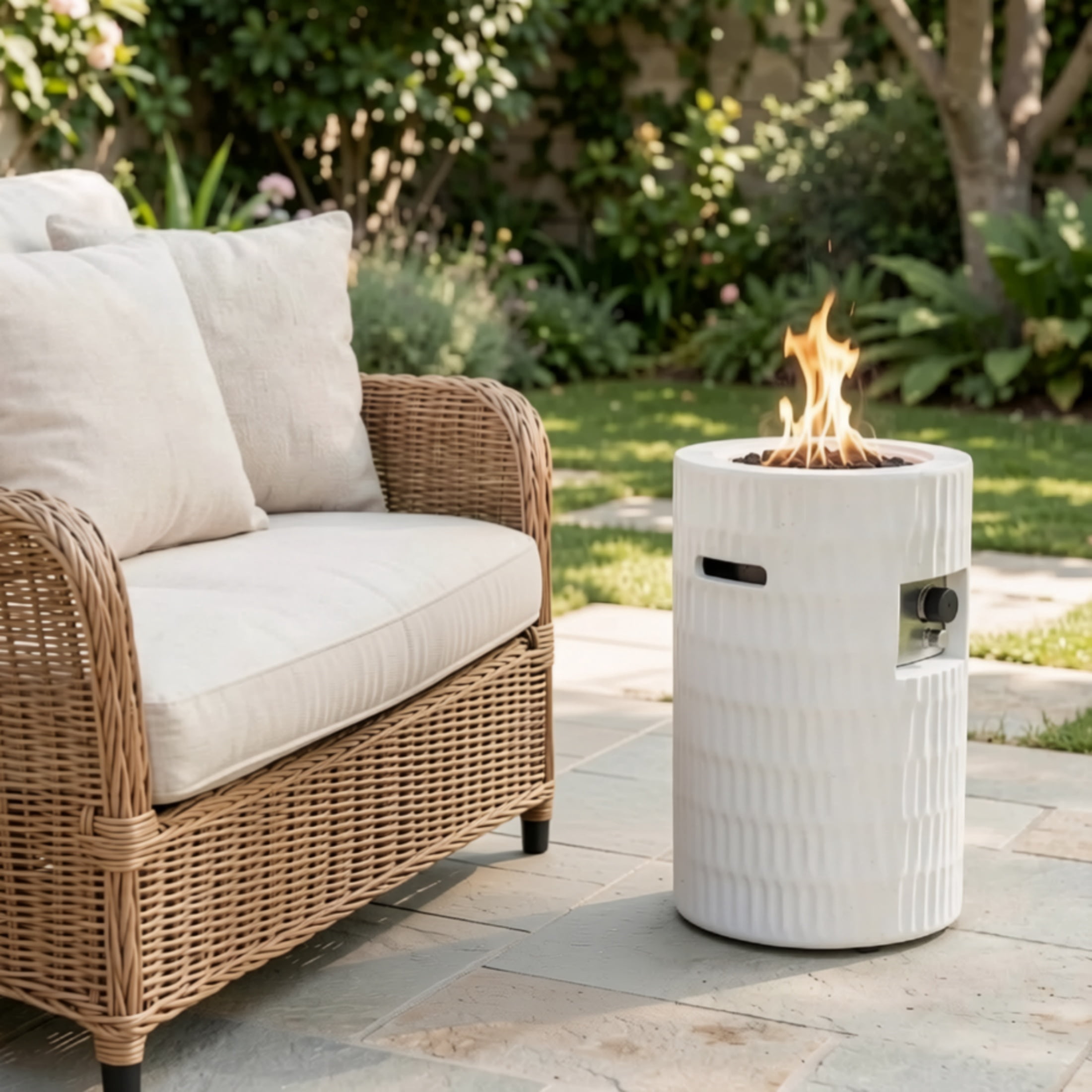 Atumcto 40,000 BTU Propane Fire Pit Column, 16.5" Round Concrete Outdoor Fire Pit with Lava Rocks and Cover for Patio, Backyard, Beige