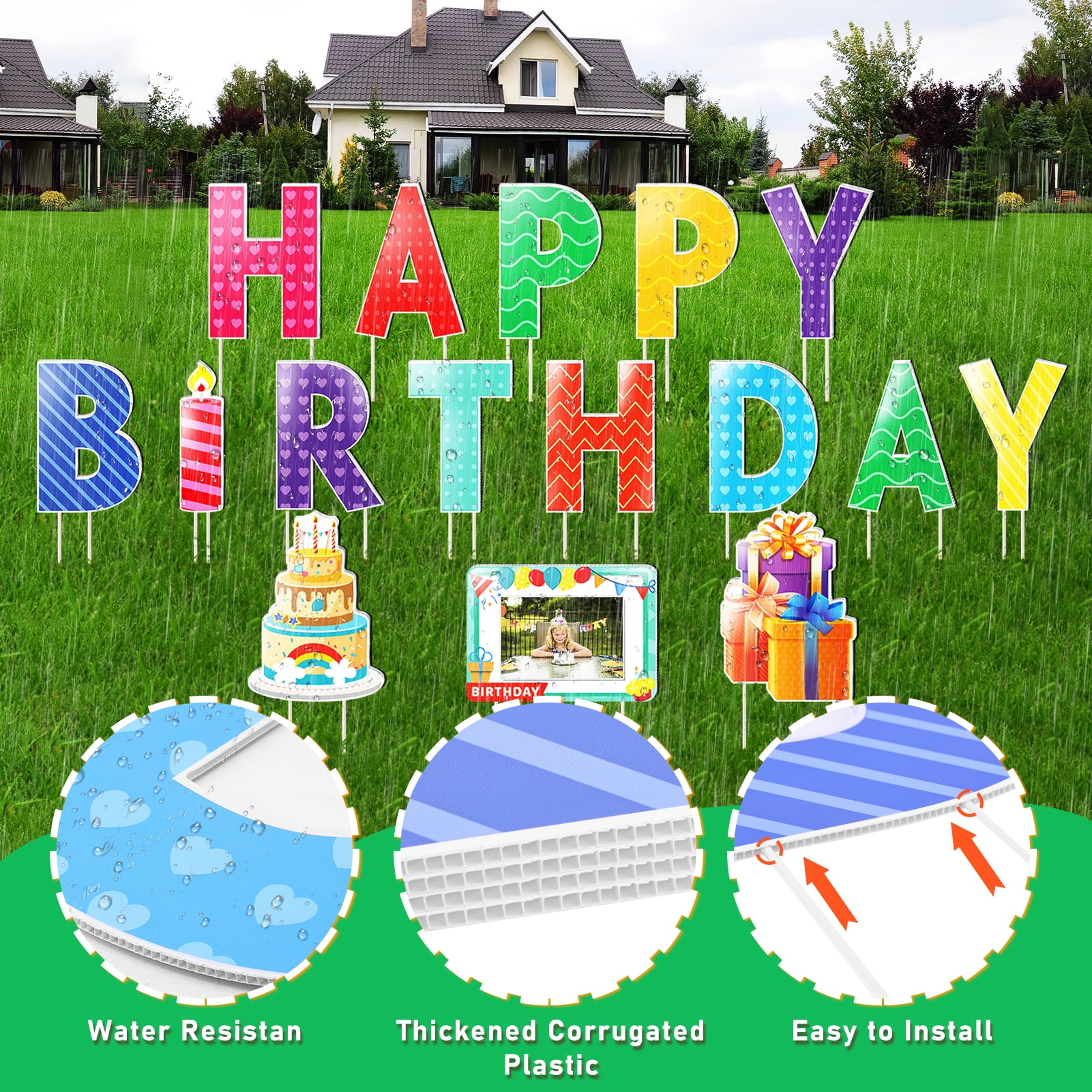Yalumo Happy Birthday Yard Sign with Stakes, 16pcs Personalized Happy Birthday Yard Sign Colorful Weatherproof Birthday Lawn Sign for Outdoor Yard Decorations Garden Party