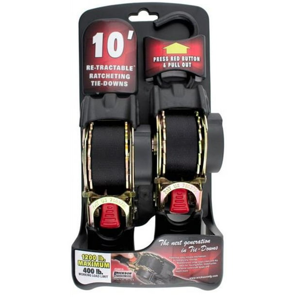 Erickson 34415 Pro Series Black Retractable Ratcheting TieDown Strap (Pack of 2, 1" x 10