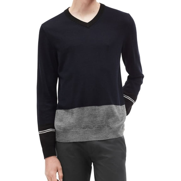Calvin Klein Mens Colorblocked V-Neck Pullover Sweater, Blue, XX-Large