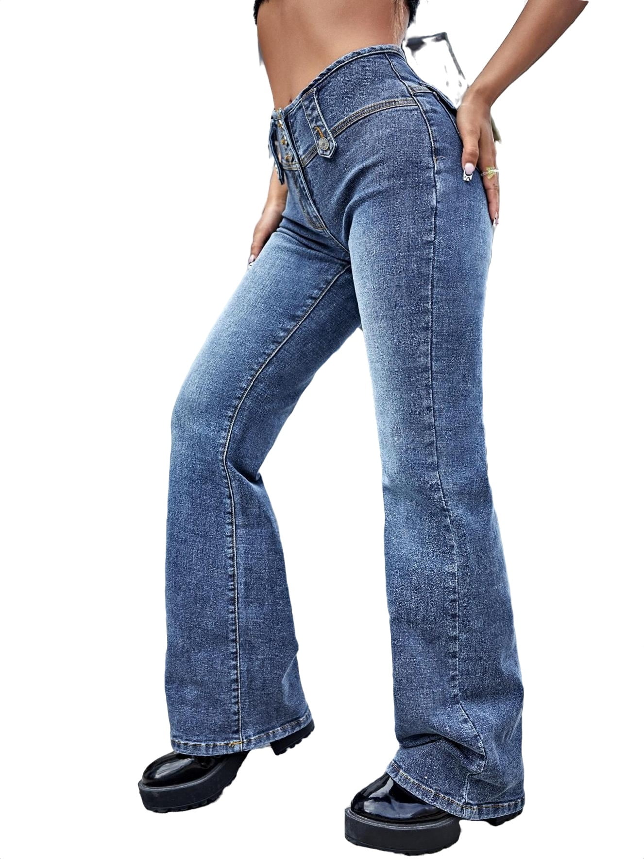 Women's Jeans Button Fly Flare Leg Jeans Medium Wash L