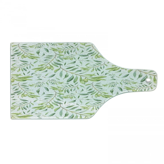 Green Leaf Cutting Board, Watercolor Style Olive Branch Mediterranean Tree Organic, Decorative Tempered Glass Cutting and Serving Board, Wine Bottle Shape, Avocado Green, by Ambesonne