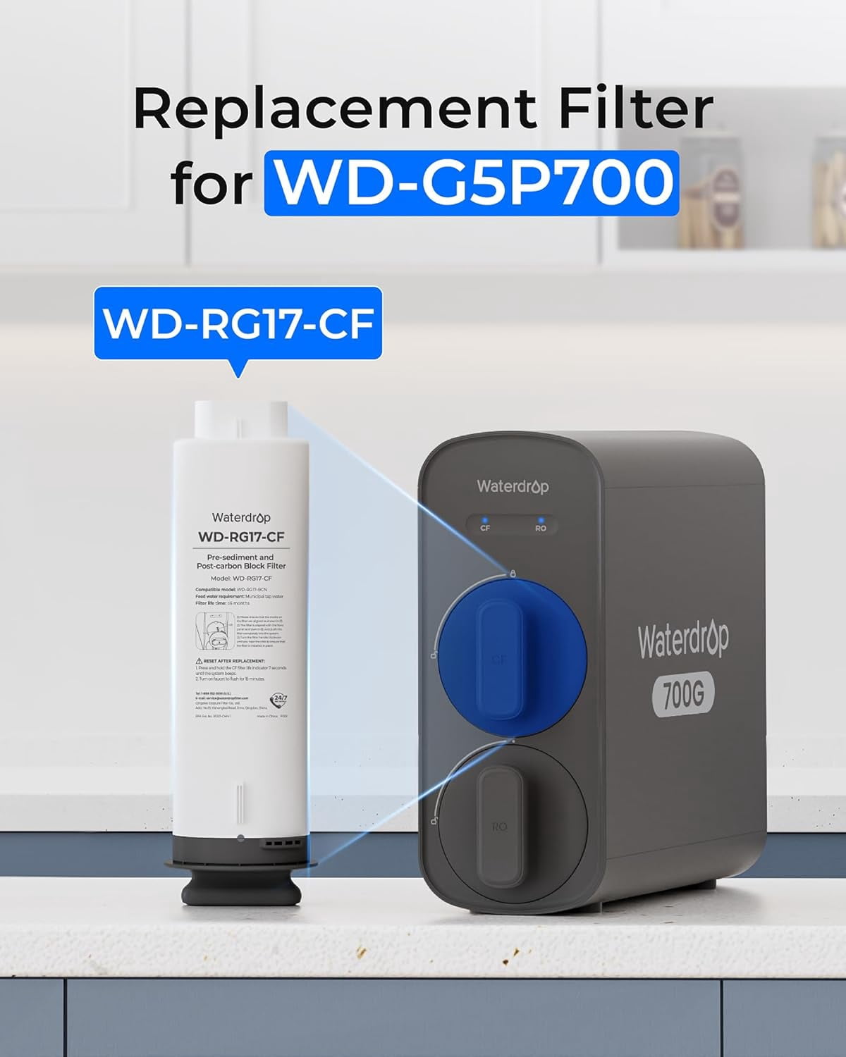 Waterdrop WD-G5P700-CF Filter, Replacement for WD-G5P700 Undersink Reverse Osmosis System, 6-Month Lifetime