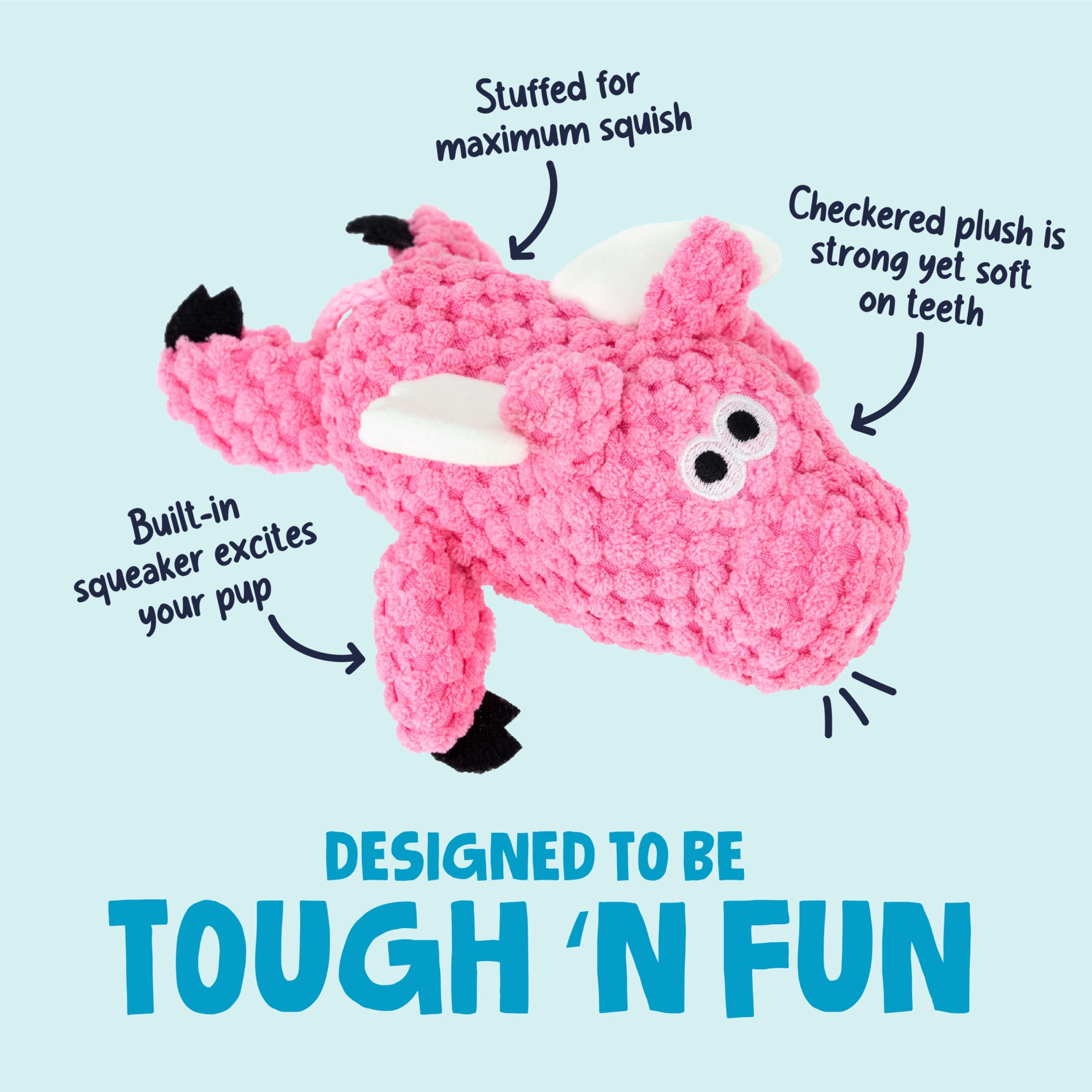 goDog Checkers Flying Pig Squeaky Plush Dog Toy with Chew Guard Technology, Durable Fabric & Squeaker for Active Play, Pink, Mini