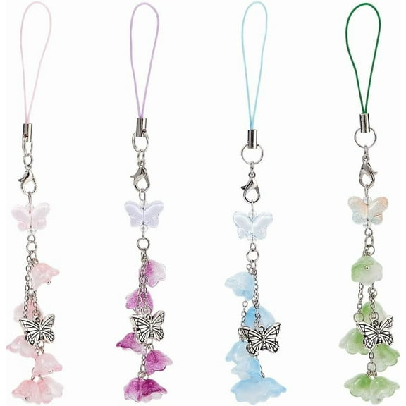1Sets 4Colors Lily of the Valley Phone Charms 4pcs Cute Butterfly Bag Charm Beaded Phone Strap Wrist Lanyard Flower Acrylic Mobilephone Accessories For Phone Bag Keychain Car Camera Decor