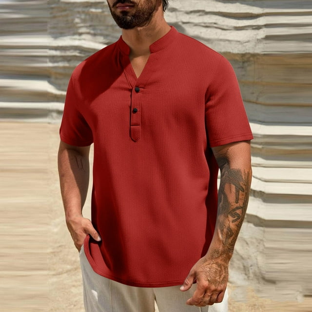 pstuiky camisa de manga larga para hombre, Camisas de manga larga con cuello alto y botones sólidos para hombre Tops de hombre m