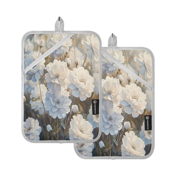 BZSMCE Pot Holder Oven Mitts Cooking baking White Flowers Blooming Painting Creative Pattern Size:7x9.8in