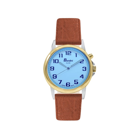 Bandini Womens Glow Watch - Lizard Pattern Leather Band - 28mm Analog Women's Easy to Read Watch with Light, Light Up Watches, Quartz, White Dial, Big Numbers, Glow in Dark Hands - Two-Tone / Tan