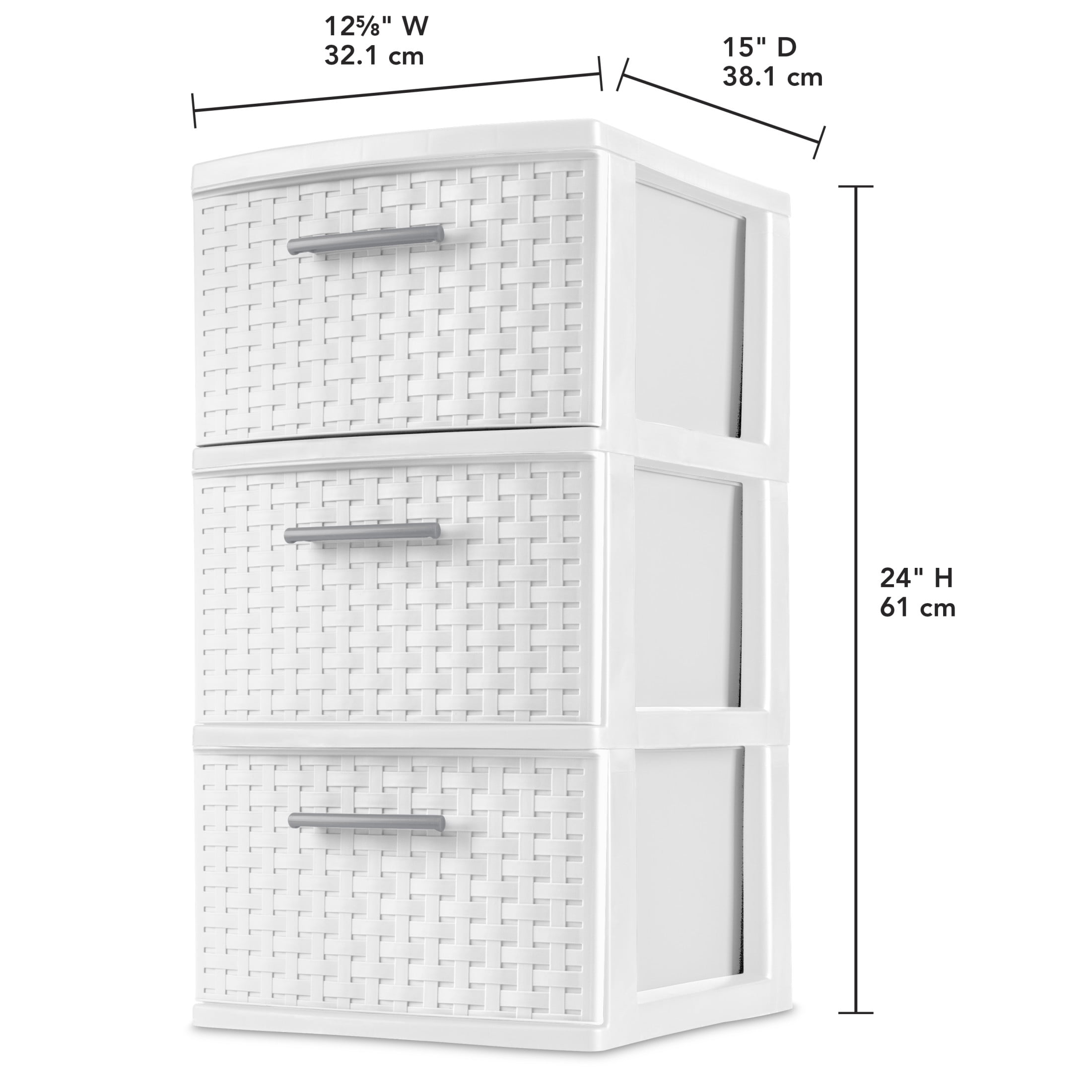 Sterilite 3 Drawer Weave Tower, Plastic Décor Drawers with Pull Handles, White